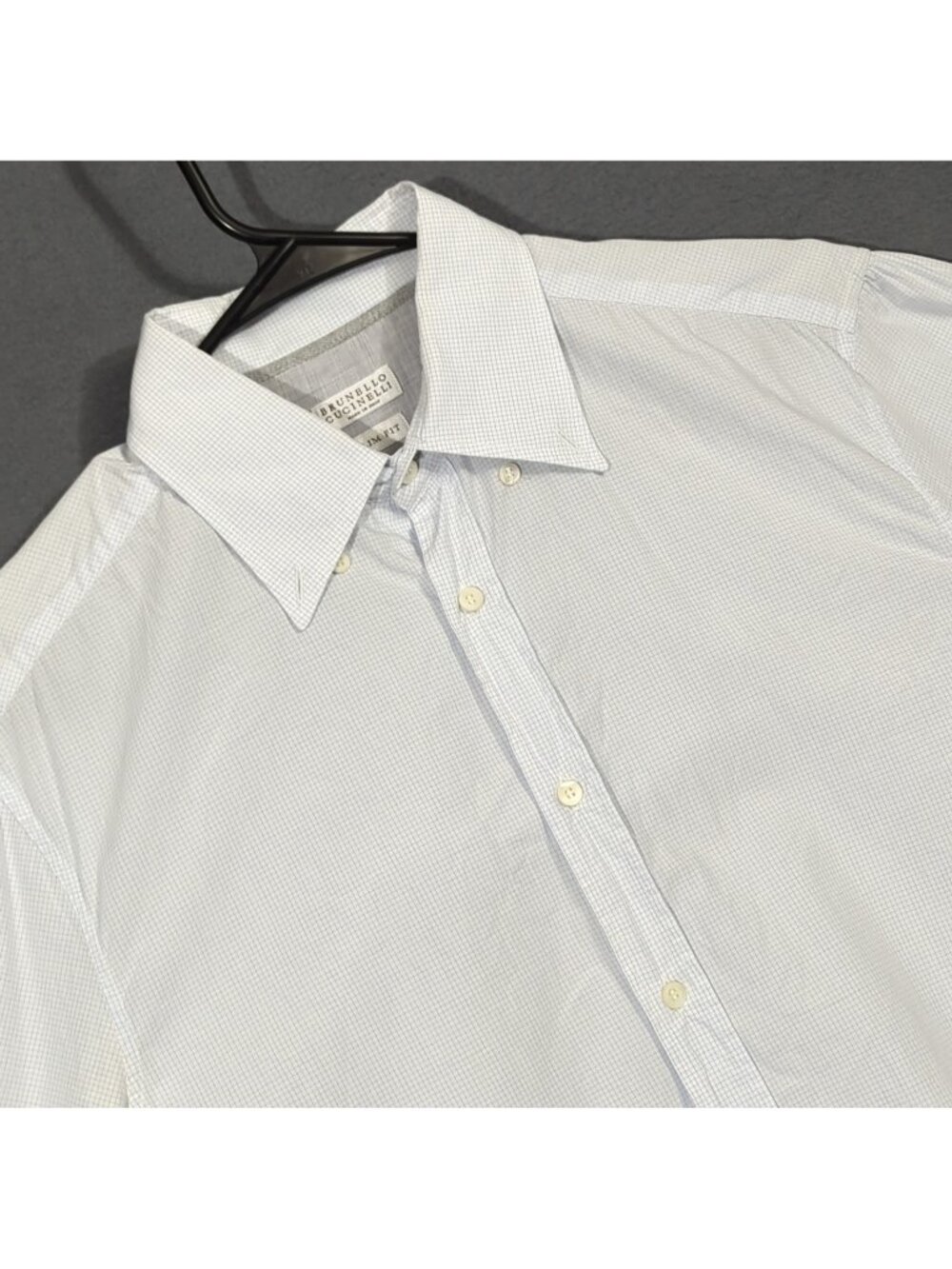 Brunello Cucinelli Shirt Men's M Blue White Micro Plaid Slim Fit Long Sleeve